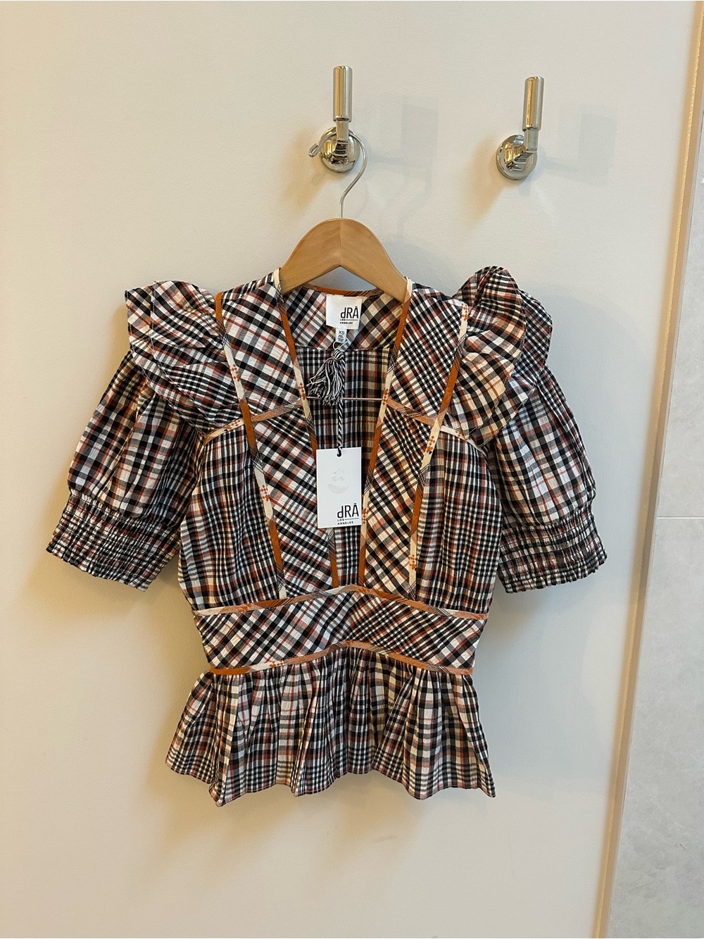 dRA Los Angeles Plaid Ruffle Peplum Blouse in Brown, Black, White